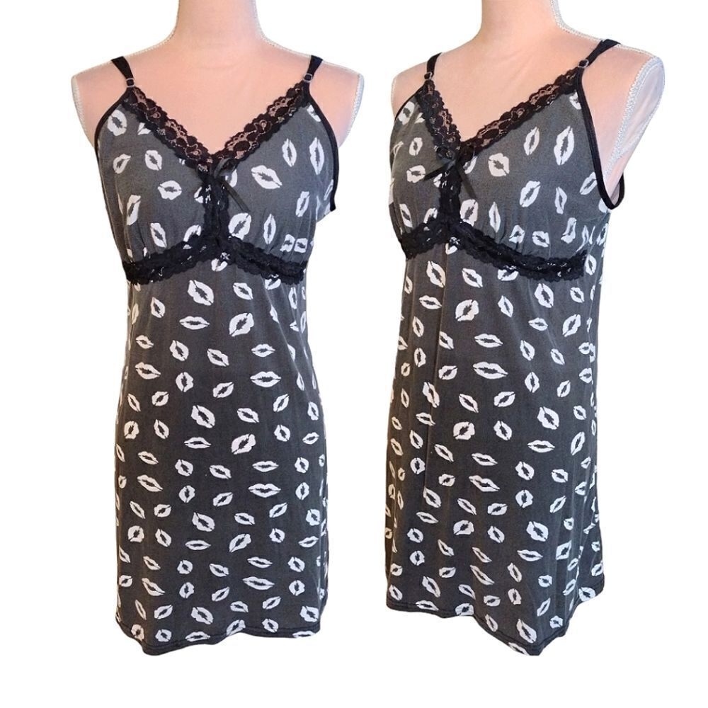 Y2K‎ Black White Lips Printed Lace Trimmed Chemise Mini Slip Dress Large